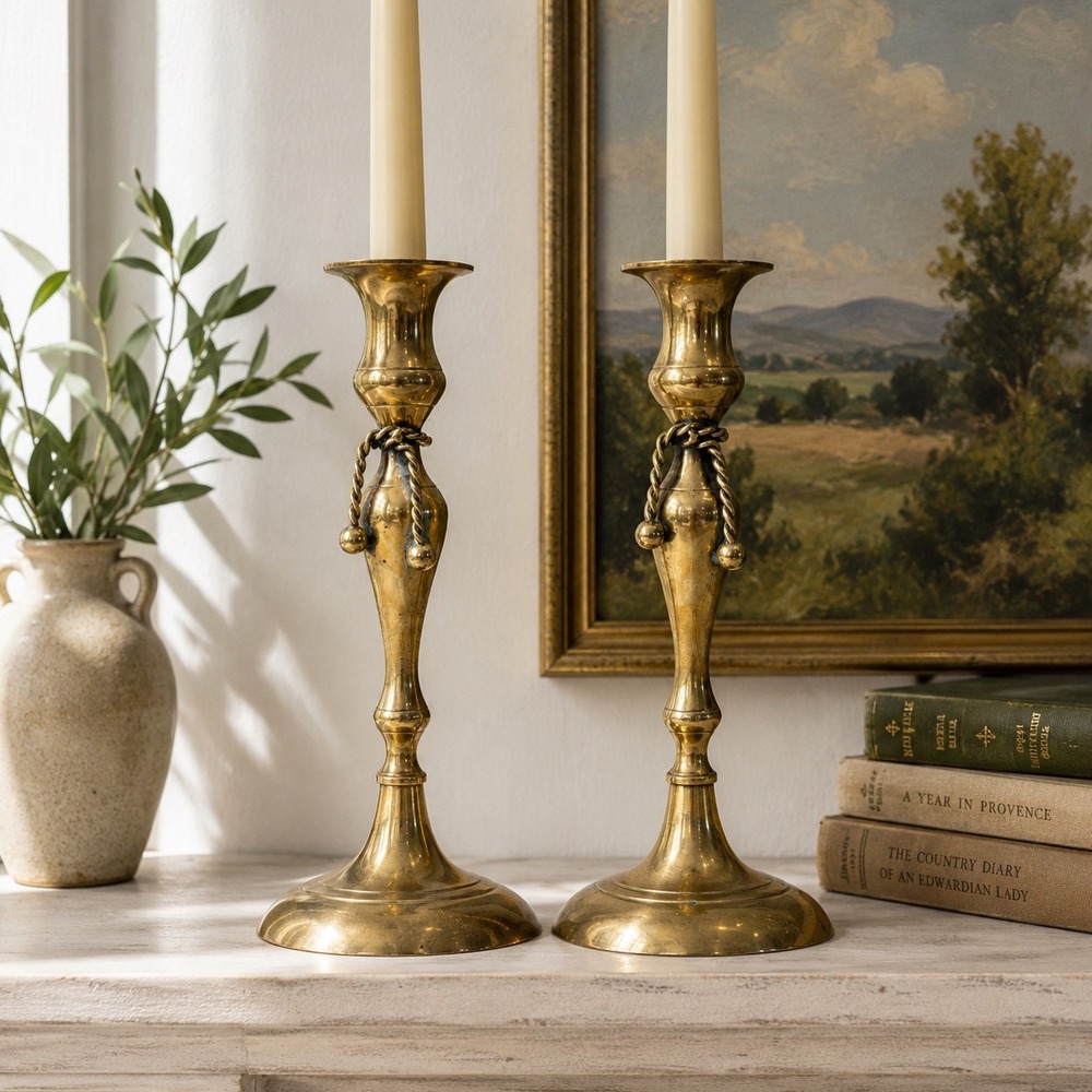 Vintage Brass Candlestick Set Rope Detail Mantel Decor Pair 1970s Rococo